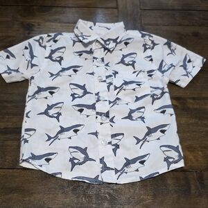 Shark Print Button Down Shirt for Kids - White and Dark Grey